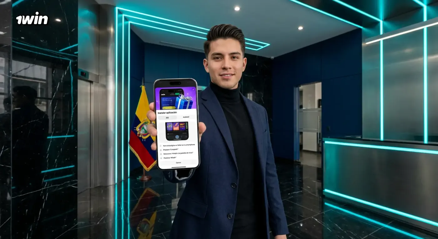 Hombre con blazer azul mostrando en su celular la instalación de 1win en un vestíbulo moderno con luces de neón y la bandera de Ecuador