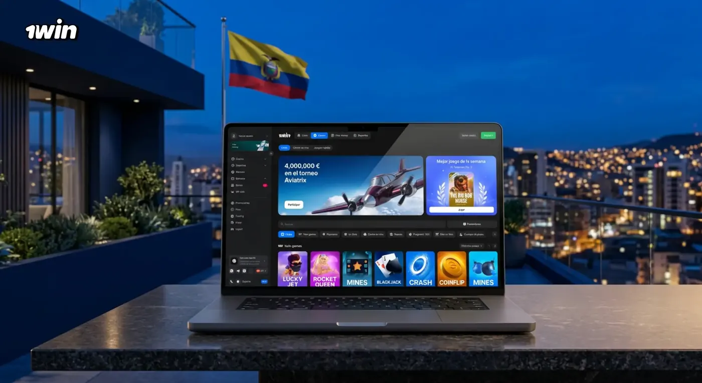 Laptop con el lobby de casino de 1win sobre una mesa en una terraza con vista a la ciudad al anochecer y la bandera de Ecuador