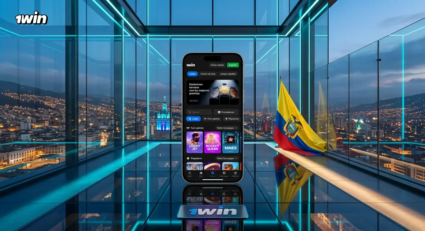 Celular con la app de 1win en una sala de cristal con vista nocturna a la ciudad y la bandera de Ecuador