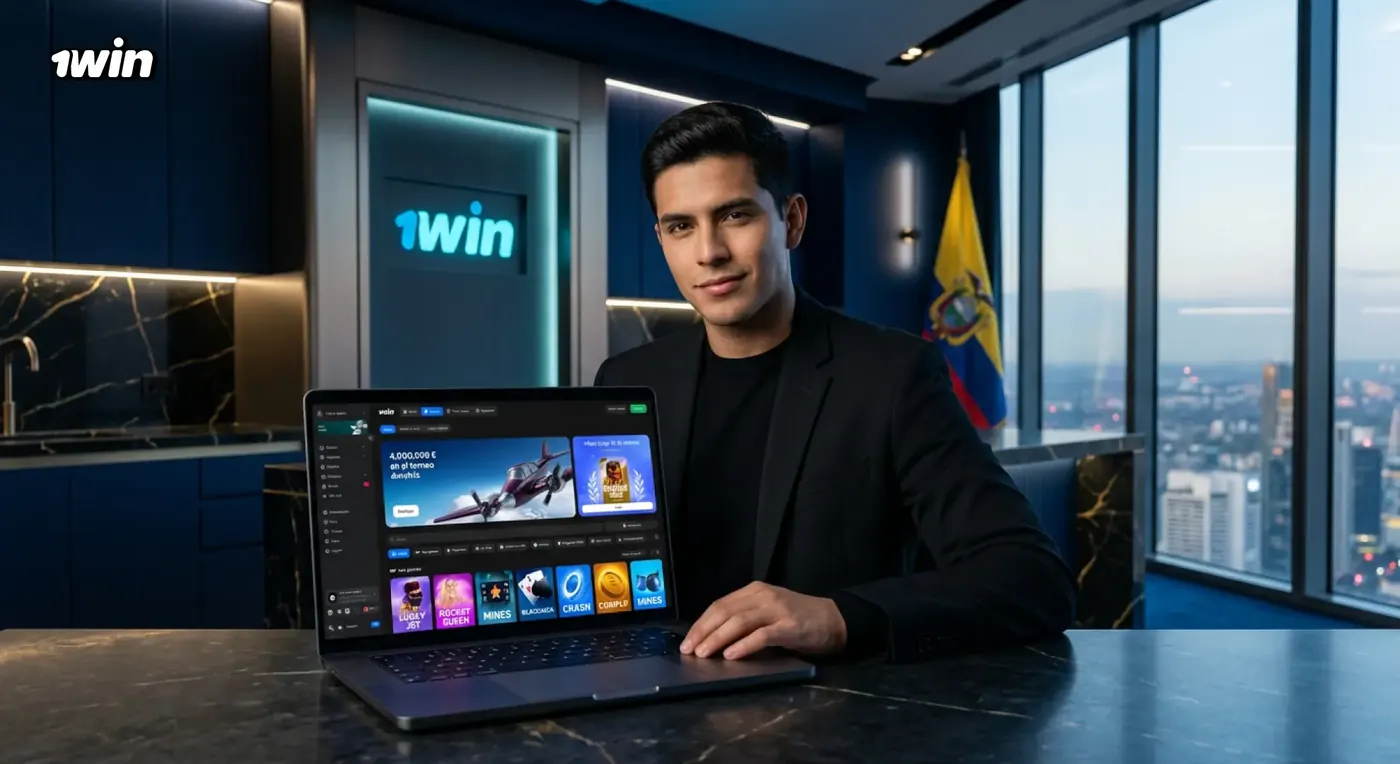 Hombre con traje negro y una laptop con el lobby de 1win en un salón con vista a la ciudad y la bandera de Ecuador