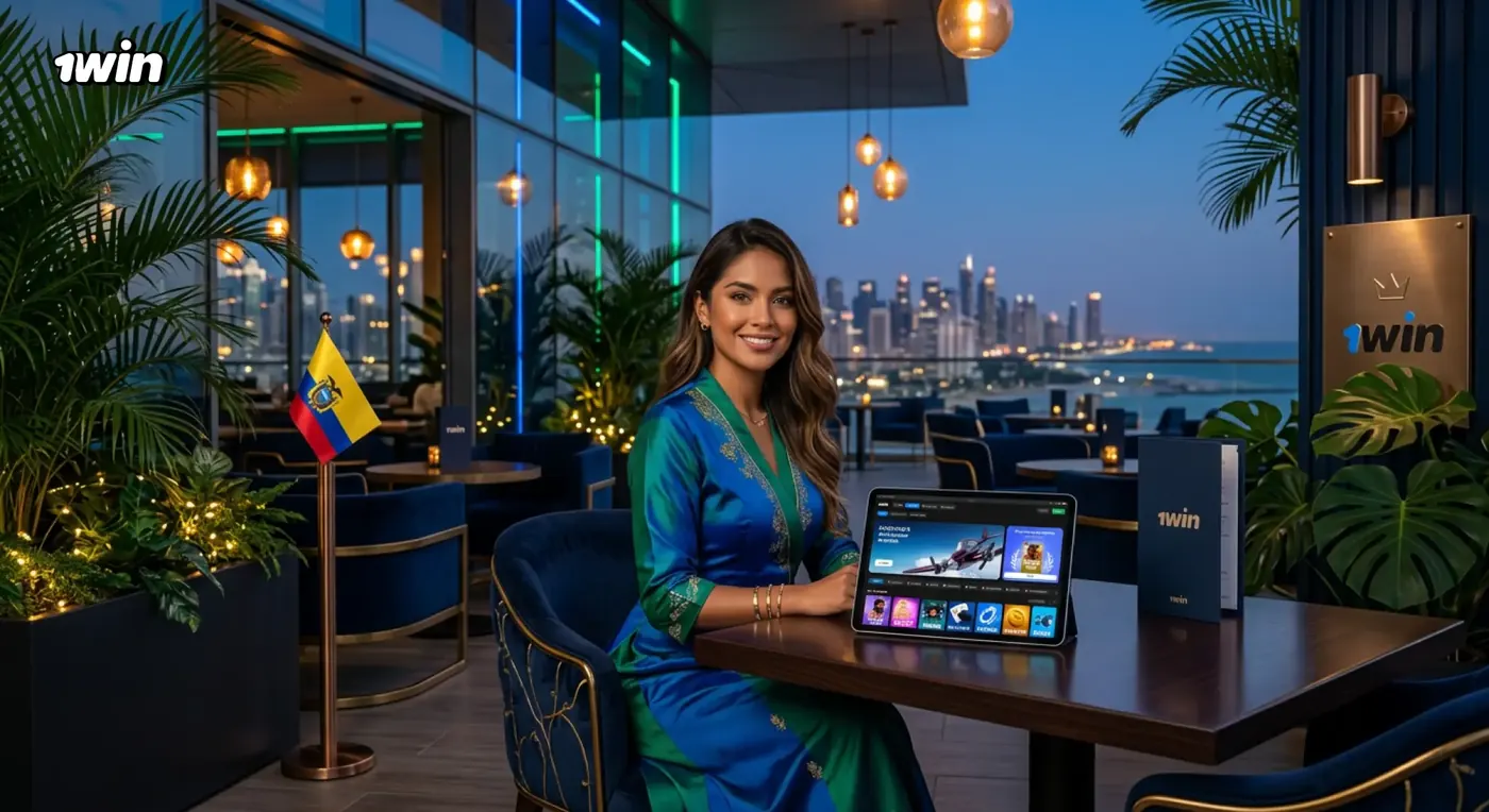 Mujer con vestido verde y una tablet con las apuestas de 1win en una terraza de restaurante con vista a la ciudad y la bandera de Ecuador